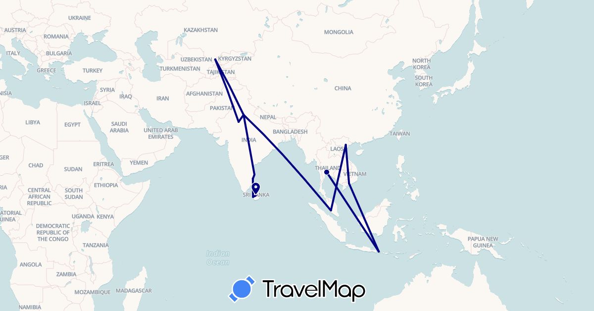 TravelMap itinerary: driving in Indonesia, India, Sri Lanka, Malaysia, Thailand, Uzbekistan, Vietnam (Asia)